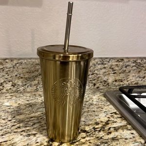 Starbucks gold metal cup with straw